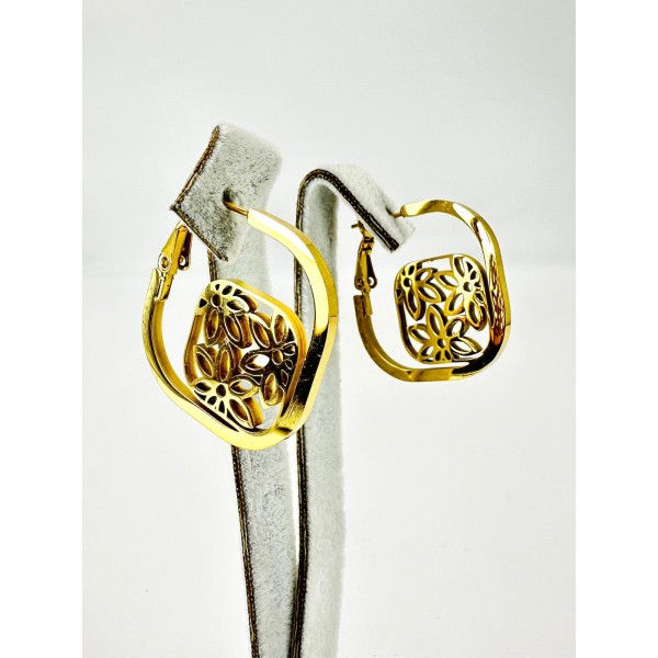 Gold Çiçek Desenli Halka Küpe